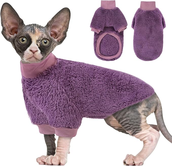 SUNFURA Sphynx Cat Sweater, Hairless Cats Turtleneck Pullover Kitten Sweaters for Cats Only, Warm and Soft Cat Pajamas Shirt with Sleeves Pet Winter Clothes Fleece Jumpsuit for Puppy, Purple M