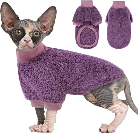 SUNFURA Sphynx Cat Sweater, Hairless Cats Turtleneck Pullover Kitten Sweaters for Cats Only, Warm and Soft Cat Pajamas Shirt with Sleeves Pet Winter Clothes Fleece Jumpsuit for Puppy, Purple S