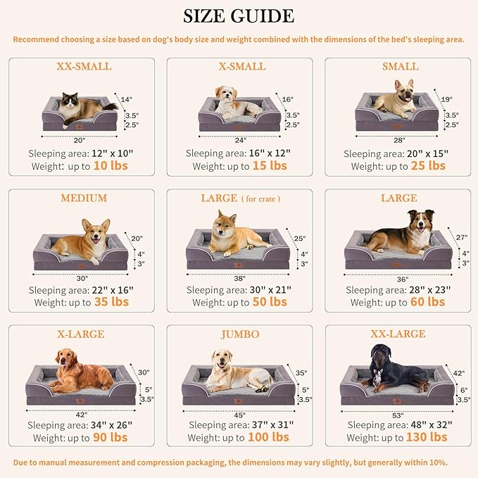 Comfort Expression Waterproof XL Dog Bed Orthopedic Foam Dogs Beds, Extra Large Dogs Bed with Bolster, Washable Dog Sofa Pet Beds with Removable Cover & Non-Slip Bottom(X-Large,Purple)