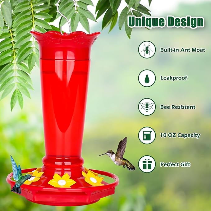 FEED GARDEN 10oz Plastic Hummingbird Feeders for Outdoors - 2 Pack Red, Ant & Bee Proof, 6 Feeding Ports, Easy Clean Red Nectar Feeders for Outside Hanging, Gifts for Mom