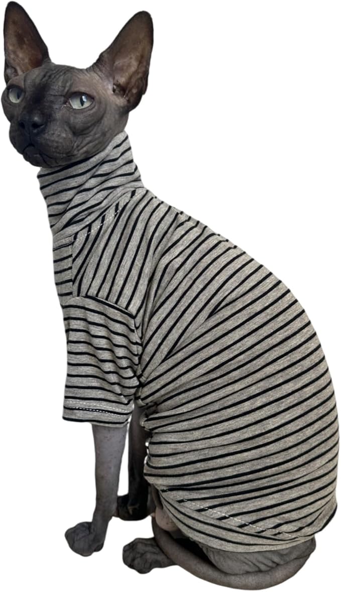 Vintage Stripes Sphynx Hairless Cats Shirt Cotton Cat Turtleneck Pet Clothes Kitten T-Shirts with Sleeves for Sphynx Cornish Rex, Devon Rex, Peterbald (Grey Stripe, XX-Large (Pack of 1))