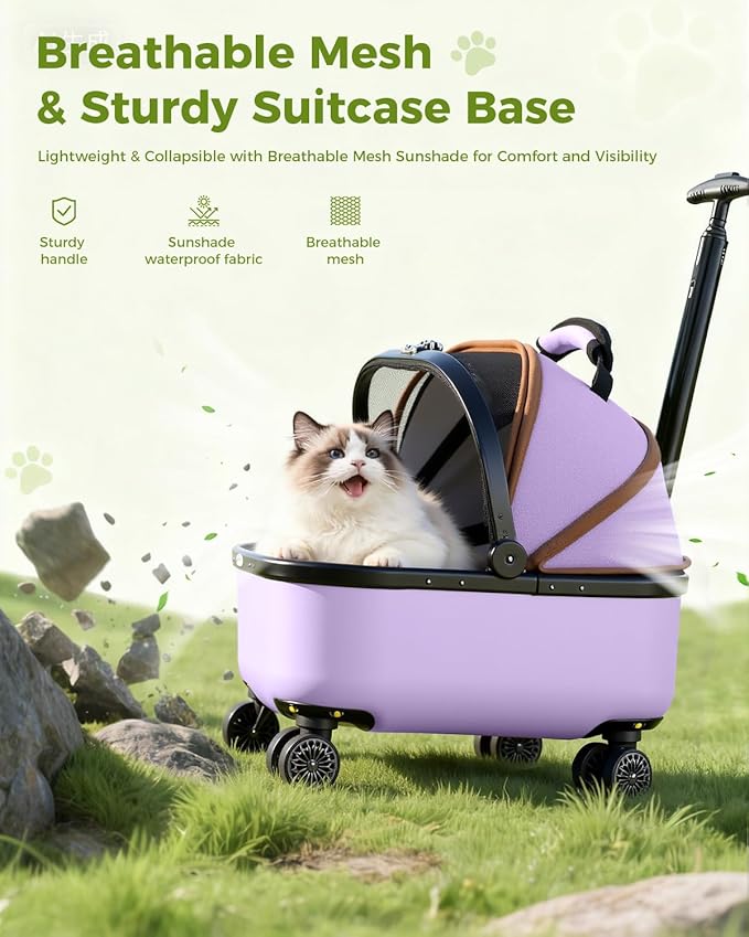 Lekereise Cat Carrier with Wheels (Purple), 180° Wide Open Rolling Cat Carrier for Social Outings, Stylish Design for Coffee Shops/Shopping, Soft-Sided Travel Tote for Cats & Small Dogs