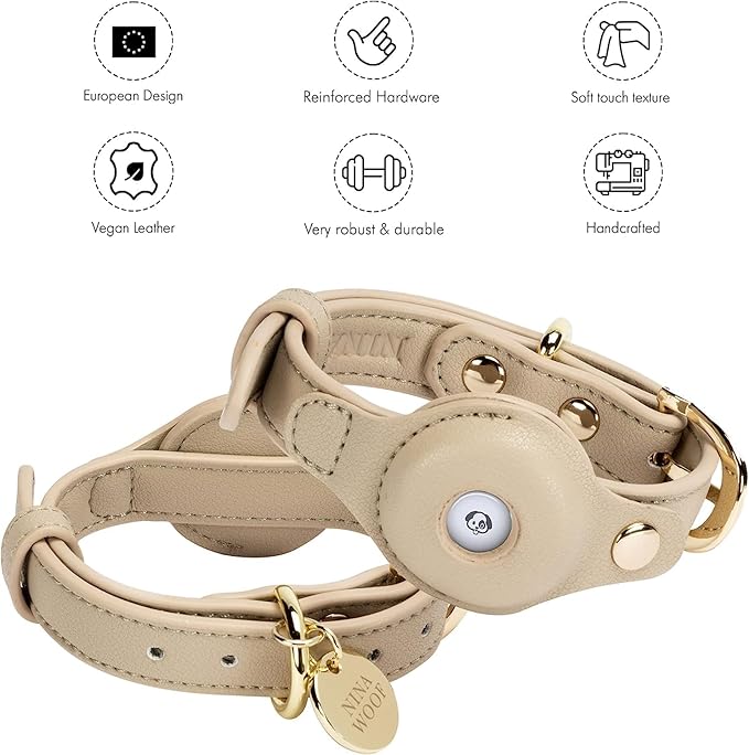 Cupertino Dog Collars, Harnesses & Leashes Made from Vegan Leather with Dog Tracker Device Holder Adjustable Dog Collar (Medium, Beige)