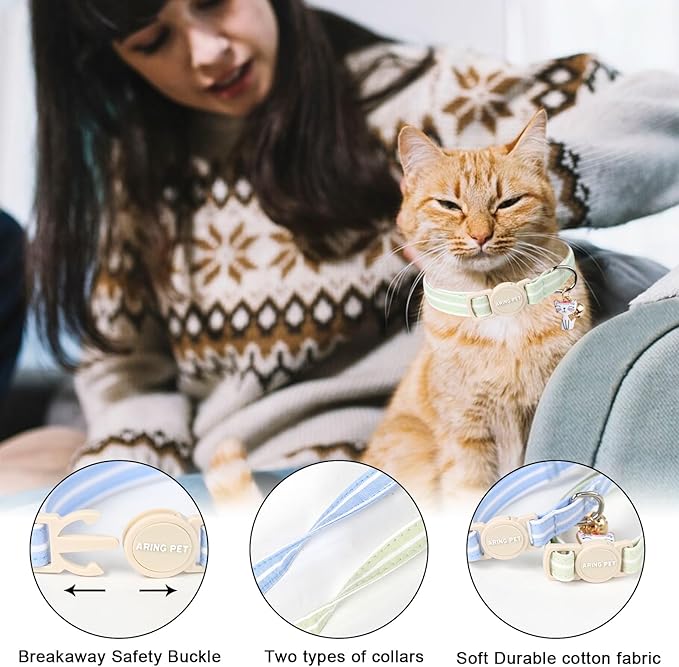 ARING PET 2 Pack Cat Collar-Cute Cotton Cat Collar Breakaway with Bell & Pendant, Adjustable Blue Green Striped Kitten Collars with Safety Buckle for Girl and Boy Pets