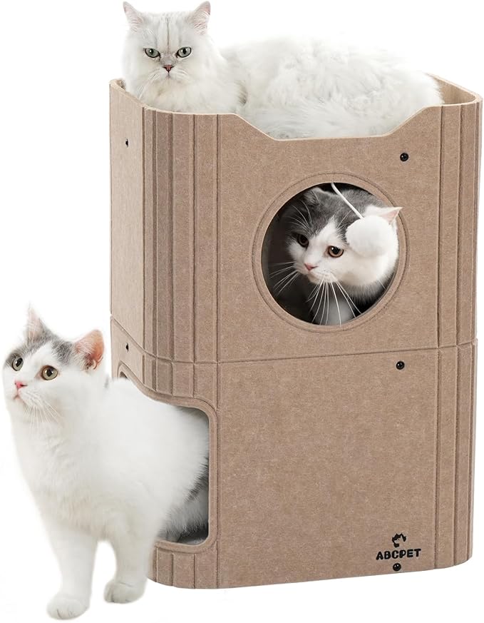 Cat House for Indoor Cats Large Cat Bed Cave 2-Storey Cats Condo with Cozy Felt Covered Hideaway for Multiple Pets Beige