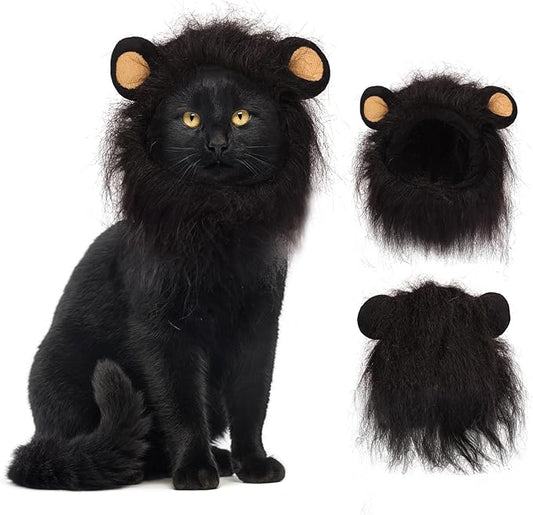 Cat Halloween Costumes - Lion Mane Wig for Cats & Puppies, Adjustable Pet Cosplay Apparel Kitten Outfits for Halloween Christmas Cat Birthday Party (Black)