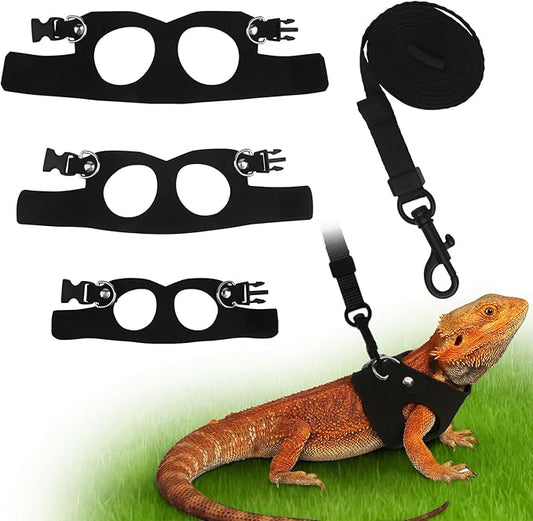 3Size Black Bearded Dragon Leash and Harness Set, Adjustable Bearded Dragon Harness with Lizard Traction Rope for Reptile, Lizard Leash/Squirrel Harness/Small Rabbit Traction Rope (S, M, L)