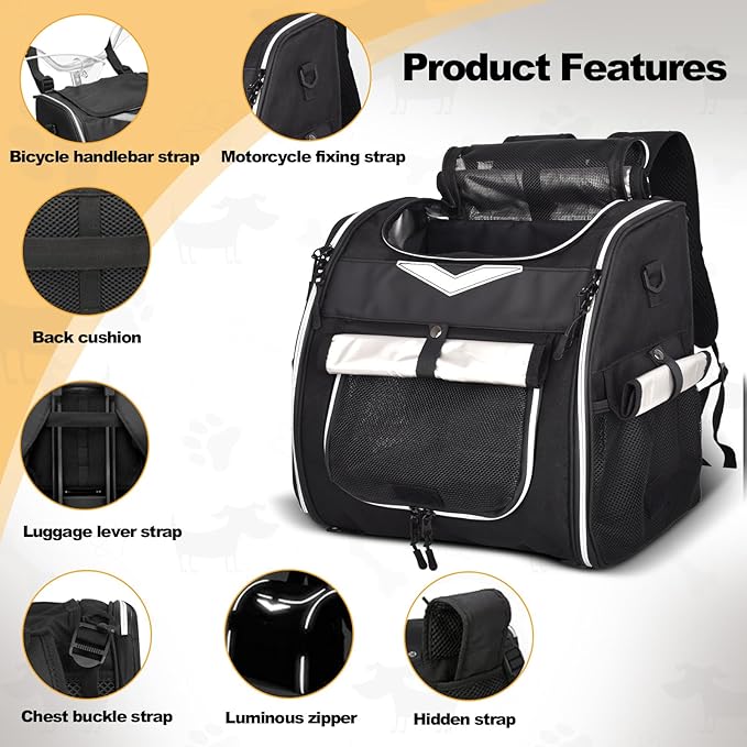 Dog Bike Basket Foldable Pet Bike Carrier Backpack with Safety Strap, Waterproof Pet Bicycle Basket for for Small Cats Kitten Puppy Dogs (Black