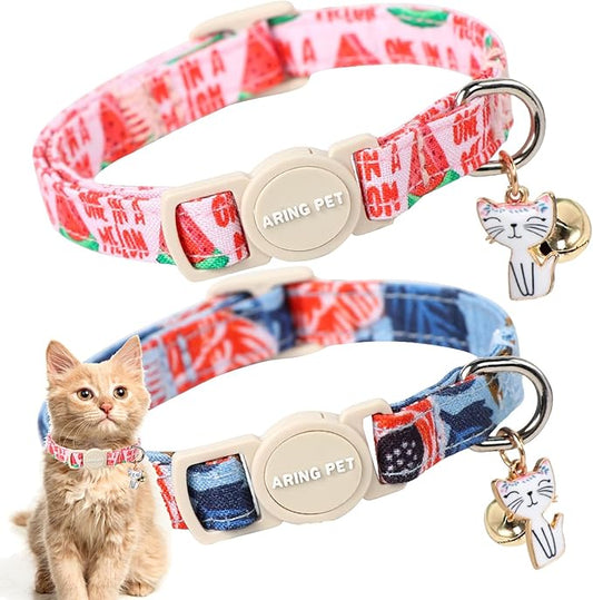 ARING PET 2 Pack Cat Collar-Cute Cotton Cat Collar with Bell & Pendant, Adjustable Summer Kitten Collars with Safety Buckle for Girl Pets