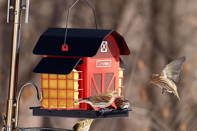 Bird Feeders for Outdoors Hanging, 5LBS Large Bird Feeder with 2 Suet Cage, Red Barn Metal Birds Feeder for Outside, Weather Resistant Cardinal Feeders, ldeal Birds Watching Gifts (Red)