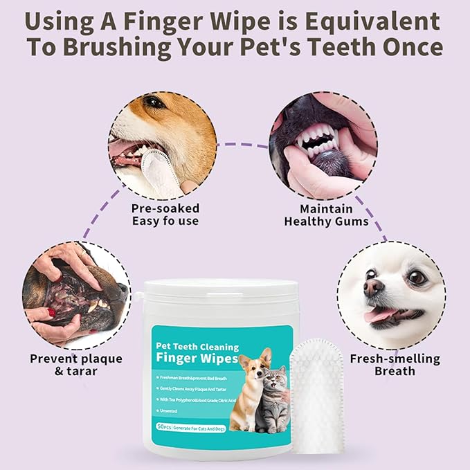 YUHUF-2Packs Teeth Cleaning Finger Wipes for Dogs & Cats, Pet Dental Care by Reducing Plaque and Tartar Remove Bad Breath, Disposable Gentle Gum Care Pet Wipes, (50 Count x2)