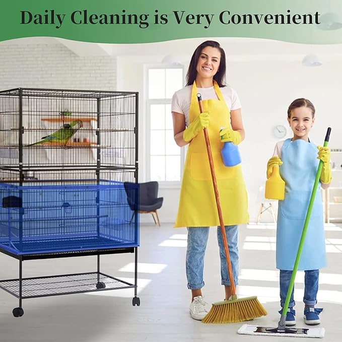 Daoeny Large Bird Cage Cover, Bird Cage Seed Catcher, Adjustable Soft Airy Nylon Mesh Net, Birdcage Cover Skirt Seed Guard for Parrot Parakeet Macaw African Round Square Cages (Blue)