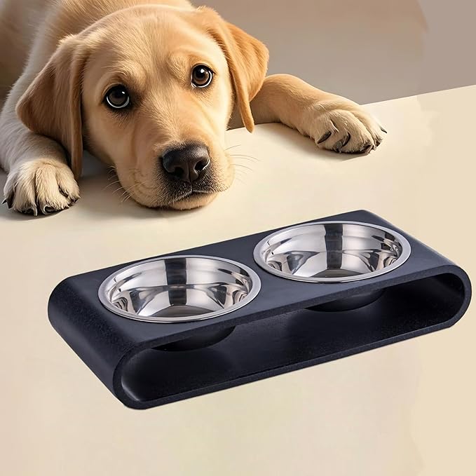 Black Marble Elevated Dog Bowls Set - 2 Thick 6" Stainless Steel Puppy Food Bowl with Non-Slip Raised Holder Stand, Double Feeding Bowls for Food and Water, Suitable for Cats and Small Medium Pet