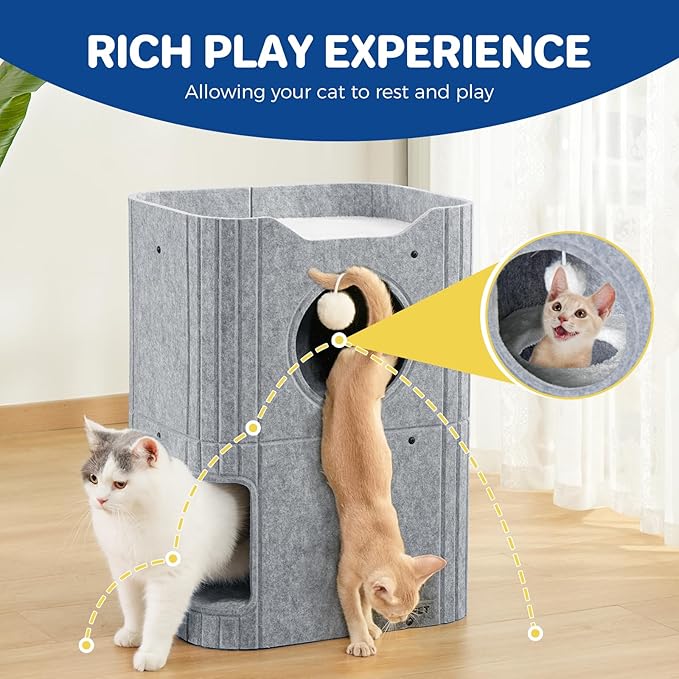 Cat House for Indoor Cats Large Cat Bed Cave 2-Storey Cats Condo with Cozy Felt Covered Hideaway for Multiple Pets Gray