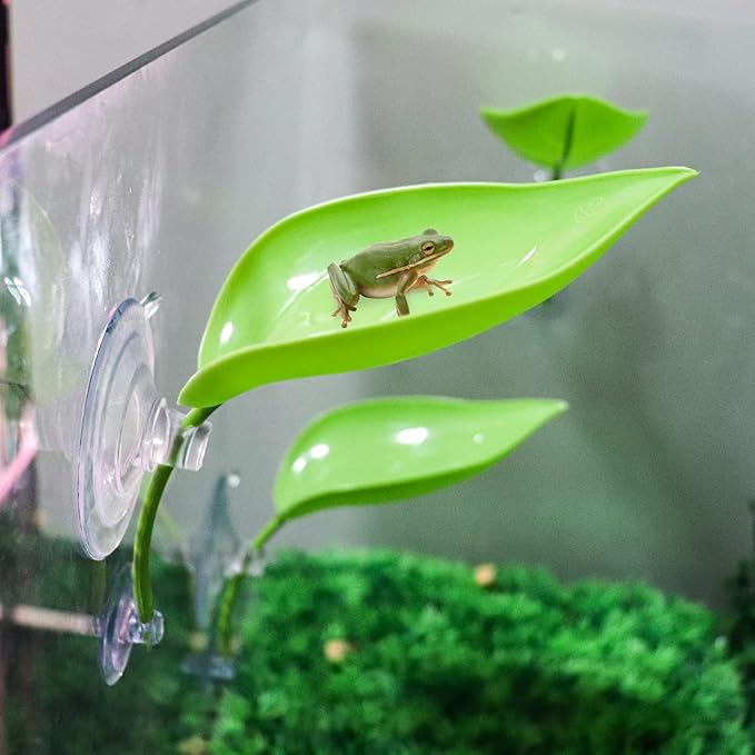 3 Pack Plastic Leaf Decorations with Suction Cups, Frog Habitat Platform, Reptile Decorations for Terrarium, Tank Terrarium Accessories for African Dwarf, Toad