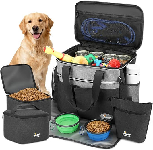 Dog Travel Bag for Pet Kit for Supplies with 2 Food Storage Containers 2 Collapsible Bowls 1 Feeding Mat 1 Dog Treat Pouch 7-Piece Set Perfect Road Trips Camping Weekend or Doggy Gift, Black