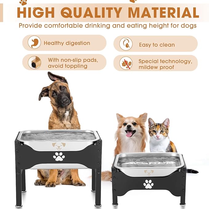 Honeydak 2 Sets Metal Elevated Dog Bowl with Stand Raised Stainless Steel Water Bowl Anti-slip High Capacity Water Food Stand for Small Medium Large Breed Dog Indoor Outdoor(2.64 Gallons,1.25 Gallons)