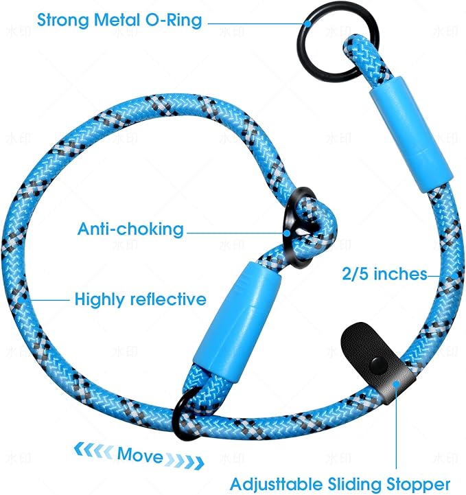 Detachable 2/5" Slip Lead, 4FT 6FT 8FT with Comfortable Silicone Handle Strong Rope Leash for Large Medium Small Dogs No Pull Highly Reflective Pet Training Leash (Blue-Black, 6FT)