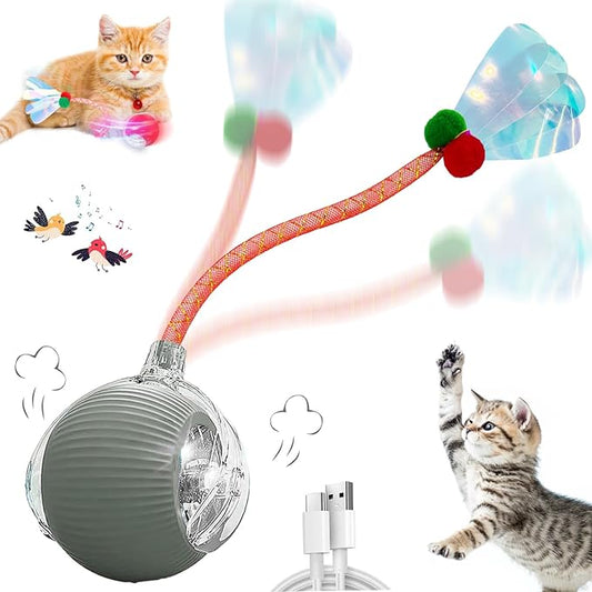Interactive Cat Toys for Indoor Cats, Automatic Cat Toy with Elastic Mesh Tail, Electric Rolling Ball on Carpet, Chirping and Motion Activate Cat(Grey)