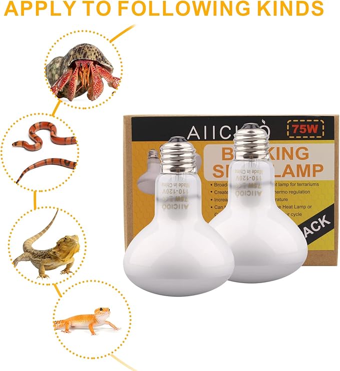 Aiicioo Reptile Basking Light Bulb - 75W Reptile Heat Lamp 2 Pack UVA Daylight Amphibians Basking Bulb for Bearded Dragon Turtle Hermit Crab Gecko Lizard Daylight