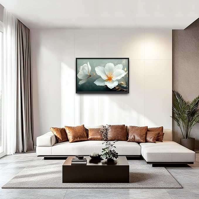Large White Floral Wall Art for Living Room, Flower Canvas Oversized Wall Decor, Aesthetics Framed Pictures Painting Print Artwork for Bedroom Office 36L" x 24W"
