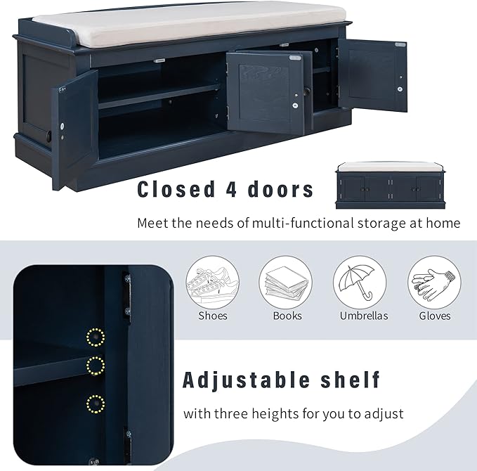 Storage Bench with 4 Doors and Adjustable Shelves, Shoe Bench with Removable Cushion for Living Room, Entryway 42.7" L x 16" W x 17.4" H (Antique Navy)
