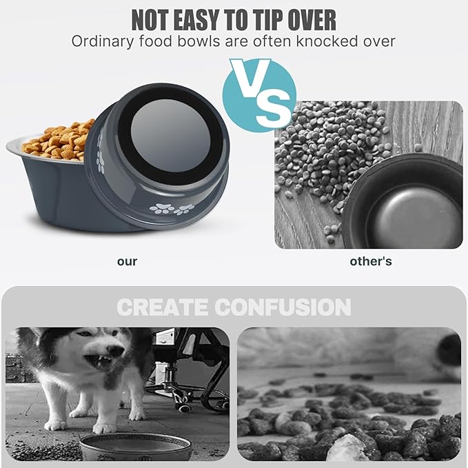 Stainless Steel Dog Bowls, Nonslip Rubber Bottom No Spill Proof Skid Metal Insulated Dog Bowls for Large Medium Small Breed Dogs (Grey, 8.5 Cups/71 OZ)