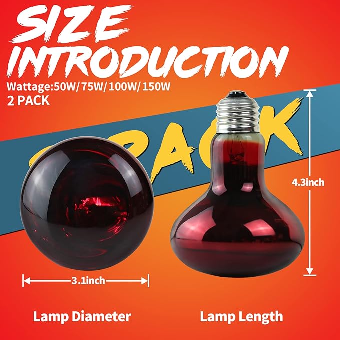 LUCKY HERP 100W Reptile Heat Lamp Bulb 2 Pack, Amphibian Infrared Basking Spot Light Bulb, Red Heat Lamp Bulbs for Reptiles, for Turtle, Bearded Dragon, Lizard, etc