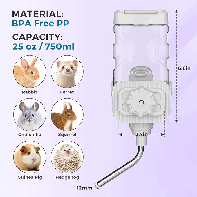 Vannon Small Animal Water Dispenser for Cage, 25oz Auto Feeding Crate Water Bottle for Rabbit, Chinchilla, Ferret, Guinea Pig, Squirrel, Hedgehog, Pet Nozzle Diameter: 10mm, BPA Free, Grey