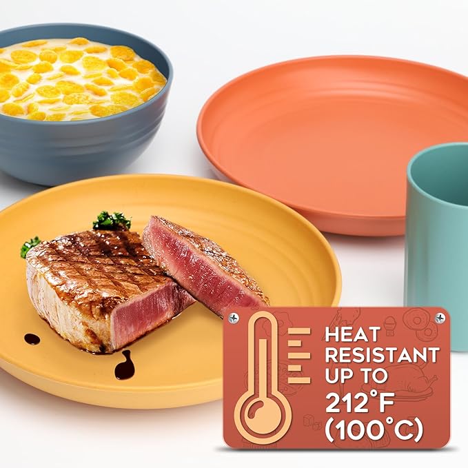 HOTEC 20-Pack Unbreakable Kitchen Plastic Wheat Straw Dinnerware Set – BPA-Free Plates, Bowls & Cups | Lightweight, Microwave & Dishwasher Safe | Multicolor Reusable Tableware for Home & Outdoor Use