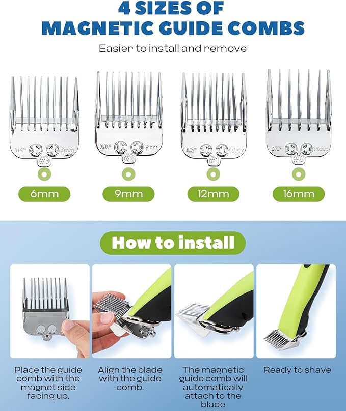 Cordless Horse Clippers, Professional Pet Grooming Clippers, 2 Speed Pet Trimmer with 4 Magnetic Guide Comb, Detachable Blade, Low Noise< 50db for Horse,Pony,Cat,Dog,Goat