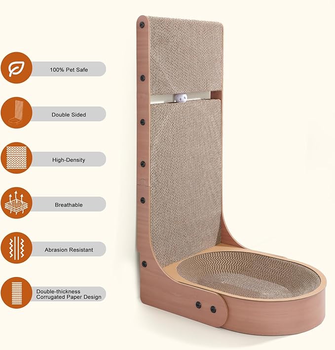 Cat Scratcher, 2 in 1 Multifunctional 26.8 Inch L Shape Cat Scratch Pad Wall Mounted with Oval Cat Bed Bowl and Built-in Toy Balls for Indoor Cats (1 PCS Cat Scratcher Include Toy Balls)