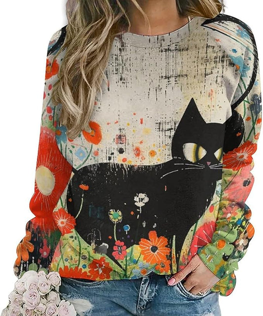 Long Sleeve Shirts for Women Cat Oil Painting Shirt 3D Graphic Sweatshirts Fall Pullover Crewneck Vintage Boho Tops