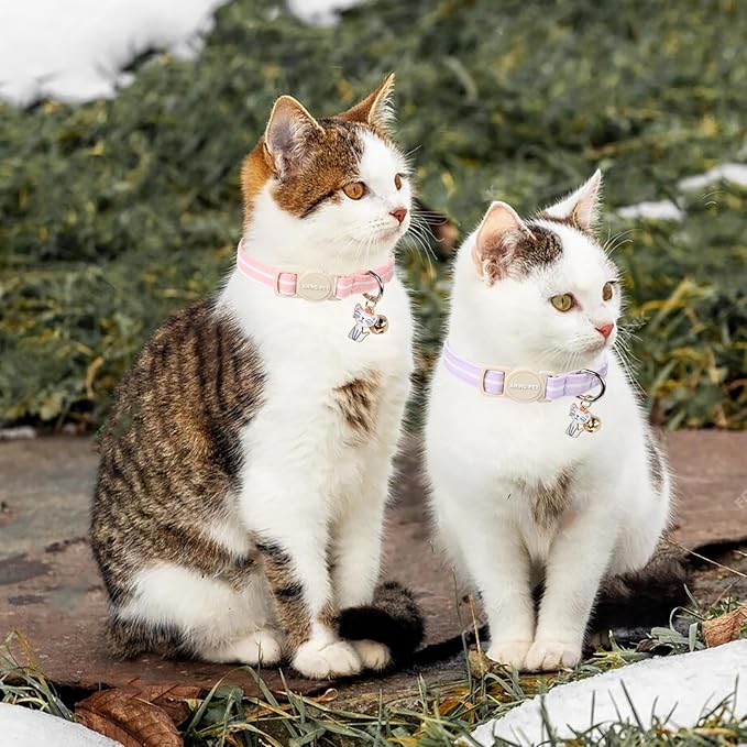 ARING PET 2 Pack Cat Collar-Cute Cotton Cat Collar with Bell & Pendant, Adjustable Pink Lavender Striped Kitten Collars with Safety Buckle for Girl and Boy Pets