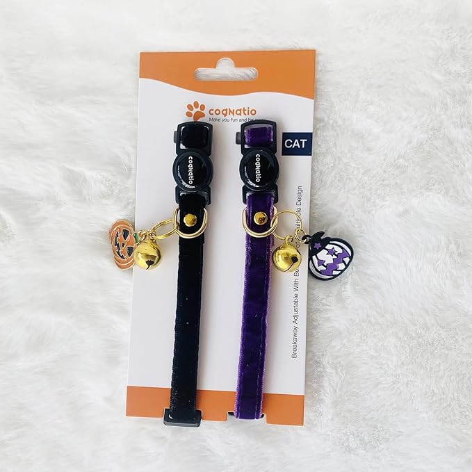 Safety Quick Release Cat Collars,Double Velvet with Bell Available in a Range Colors,Perfect for Your Kitty, Adjustable 20-30 cm (20-30cm, Halloween Set 2)