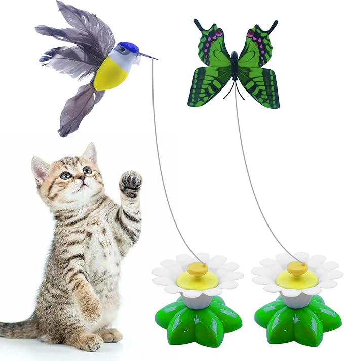 Yisquar Electric Bird & Butterfly Teasing Cat Toy 2PCS Interactive Bird Toy for Cats Interactive Cat Toys Automatic Electric Butterfly 360°Rotating Kitten Toys Fun Flying Birds Cats Play Chase