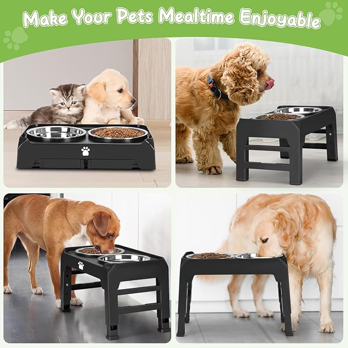 Elevated Bowls with Adjustable Heights - Raised Stand with 2 Stainless Steel Food Bowls, Non-Slip Foldable Feeder for Medium Large Dogs, Adjusts to 12.36", 10.75", 9.2", 3.7", Black