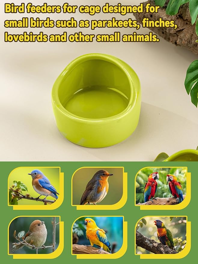 2 Pcs Ceramic Bird Food Bowls Parakeet Cage Water Bowl Birds Feeding Dish Parrot Water Feeder for Cage with 2 Plastic Feeding Clips for Parakeets Conure Cockatiels Lovebird Budgie (Green)