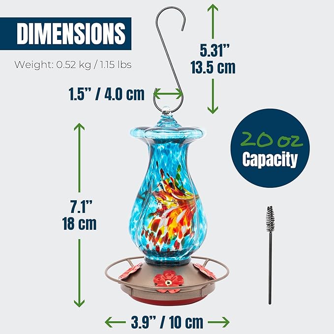 MEKKAPRO Hummingbird Feeders for Outdoors Hanging Glass 20oz, Decorative Feeder with Blown Stained Waterdrop Glass Design for Outdoors and Backyard, Easy Fill with 4 Nectar Feeding Flowers (Sky Blue)