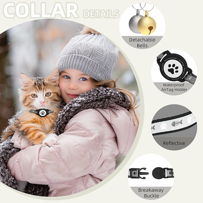 Waterproof Airtag Cat Collar, Reflective Cat Airtag Collar with Bell, Breakaway Cat collar AirTag Holder, Lightweight Kitten Collar for Apple Air tag, Cat GPS Collars for Girl Boy Cats, Kitten (Black)