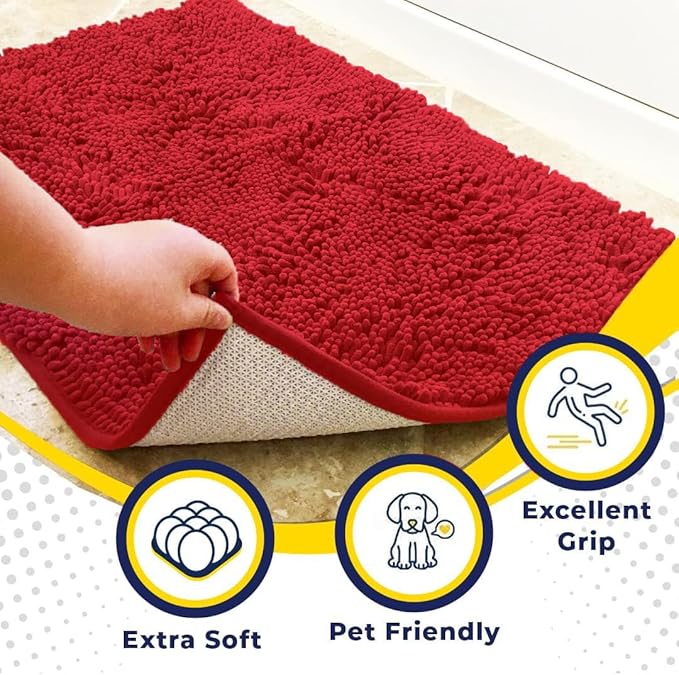 Muddy Mat® Shown on TV – Super Absorbent Microfiber Dog Door Mat for Muddy Paws, Non-Slip Washable Pet Rug, Quick Dry Chenille Entryway Carpet, Machine Washable Indoor Outdoor mat, Red 59"x35"