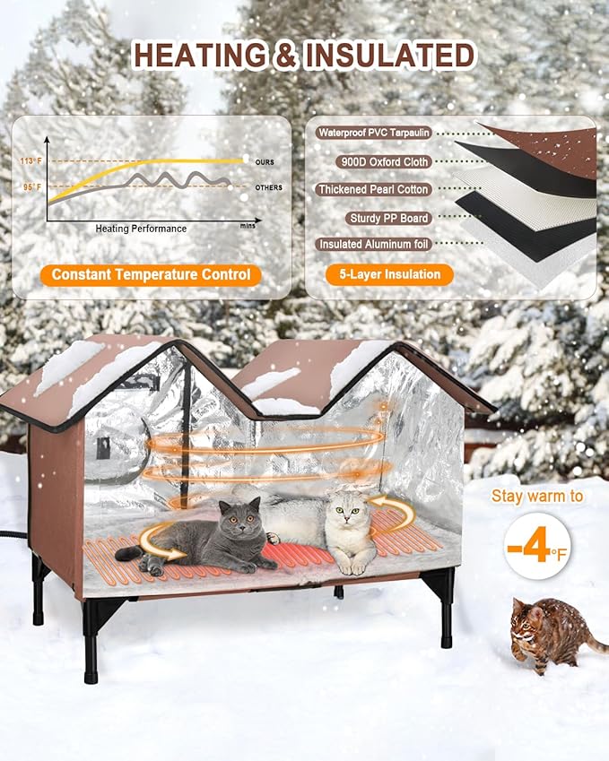 Extra Large Heated Cat House for Outside in Winter, Elevated Heated Outdoor Cat House Weatherproof with Heating pad, Insulated Outdoor Cat Shelter for Multiple Cats Small Dogs (Brown)