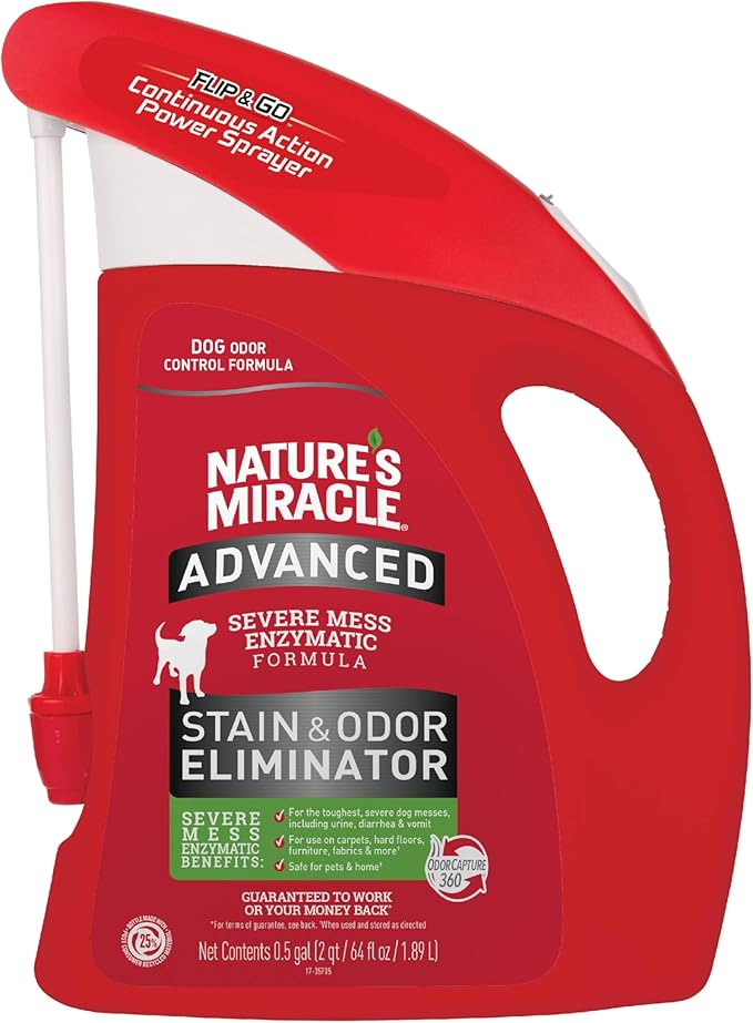 Nature’s Miracle Advanced Stain & Odor Eliminator For Dogs With Flip & Go Sprayer, 64 Ounces, Enzymatic Formula For Severe Dog Messes Including Urine, Feces, Diarrhea And Vomit Stains And Odors