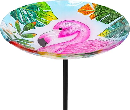 MUMTOP Bird Baths for Outdoors, Glass Bird Bath Stake, Flamingo Birdbaths & Support, Bee Baths for Garden, Outside, Lawn, Outdoor Decor