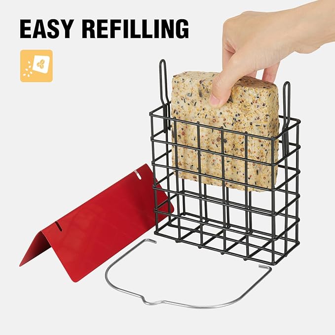 Veehoo 2Pcs Suet Bird Feeder for Outside Hanging with Metal Roof-Suet Cakes Cage Bird Feeder for Outdoors Hanging, Outdoor Garden Wild Bird Feeder Suet Holder, Woodpecker Feeder, Red