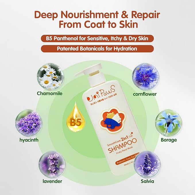 UNIPAWS Cat Shampoo & Conditioner 2-in-1, EWG Verified, Anti-Dandruff & Deshedding for Soft and Shiny Coat, Probiotics Smoothcare for Itchy, Dry Skin, Gifts for Cat Lovers, Made in Korea, 16.9 Fl Oz