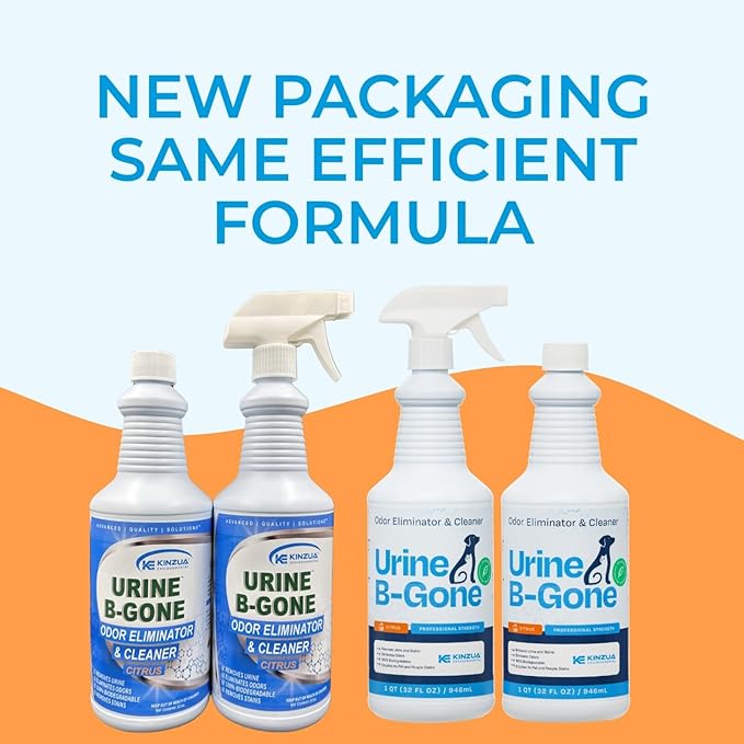 KINZUA ENVIRONMENTAL Urine B-Gone, Professional Enzyme Odor Eliminator & Pet Stain Remover, Human, Cat & Dog Urine Cleaner, Effective on Laundry, Carpets & More, Citrus Scent, 32oz, Pack of Two