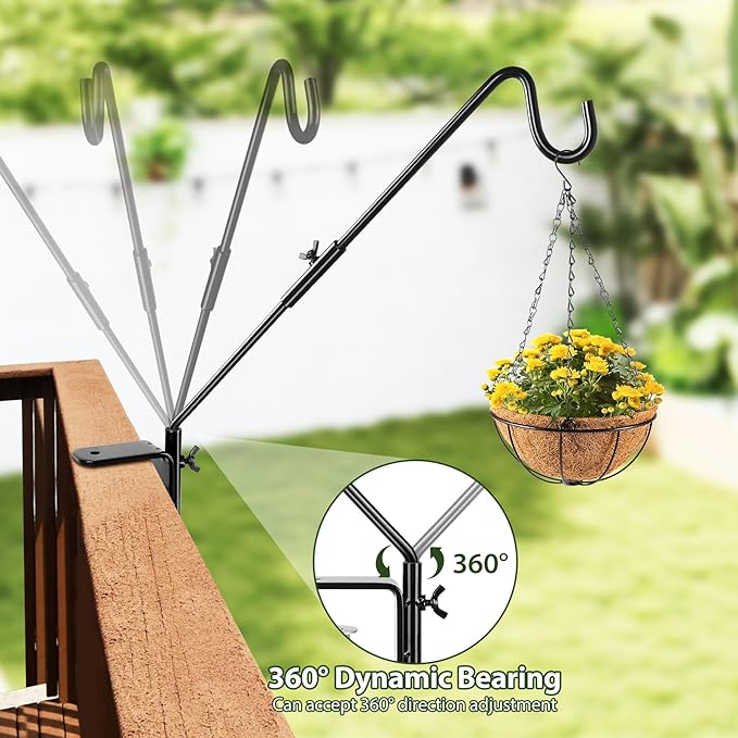 BOLITE Heavy Duty Deck Hook, 20 Inch Bird Feeder Hanger for Hummingbird Feeders, Planters, Lanterns, Wind Chimes, 360° Rotatable Arm, Black