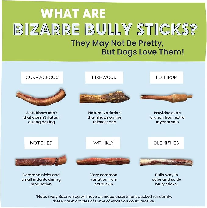 Pawstruck Natural Bizarre Bully Sticks Bargain Bag for Dogs and Puppies – Variety Pack of 5–7" Long-Lasting, Eco-Conscious Beef Chew Treats – 8 oz Bag – Packaging May Vary