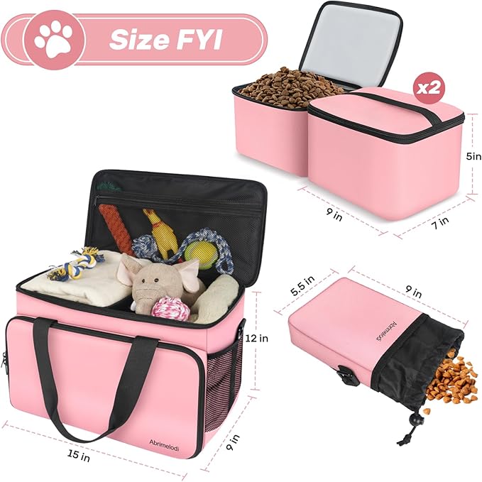 6 Set Dog Travel Bag, Large Pet Supplies for Dogs, Includes 2 Collapsible Dog Bowls, 2 Food Containers, 1 Treat Pouch with Pet Travel Bag, Pink